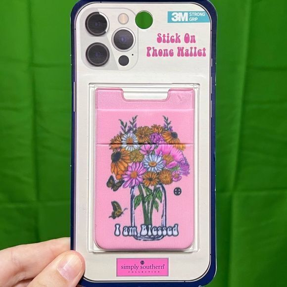 NWT Simply Southern Stick On Cell Phone Wallet “I Am Blessed”‎ Flowers Pink - Picture 1 of 2